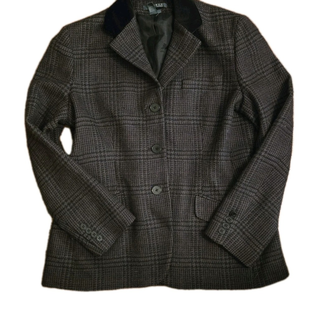 Vintage Lauren Ralph Lauren Sz 14 Black & Gray Wool Plaid 3 Button Suit Jacket